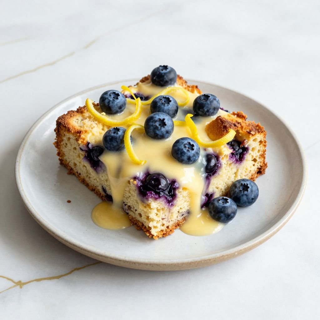 Baked Lemon Blueberry Vanilla Bread Pudding close up