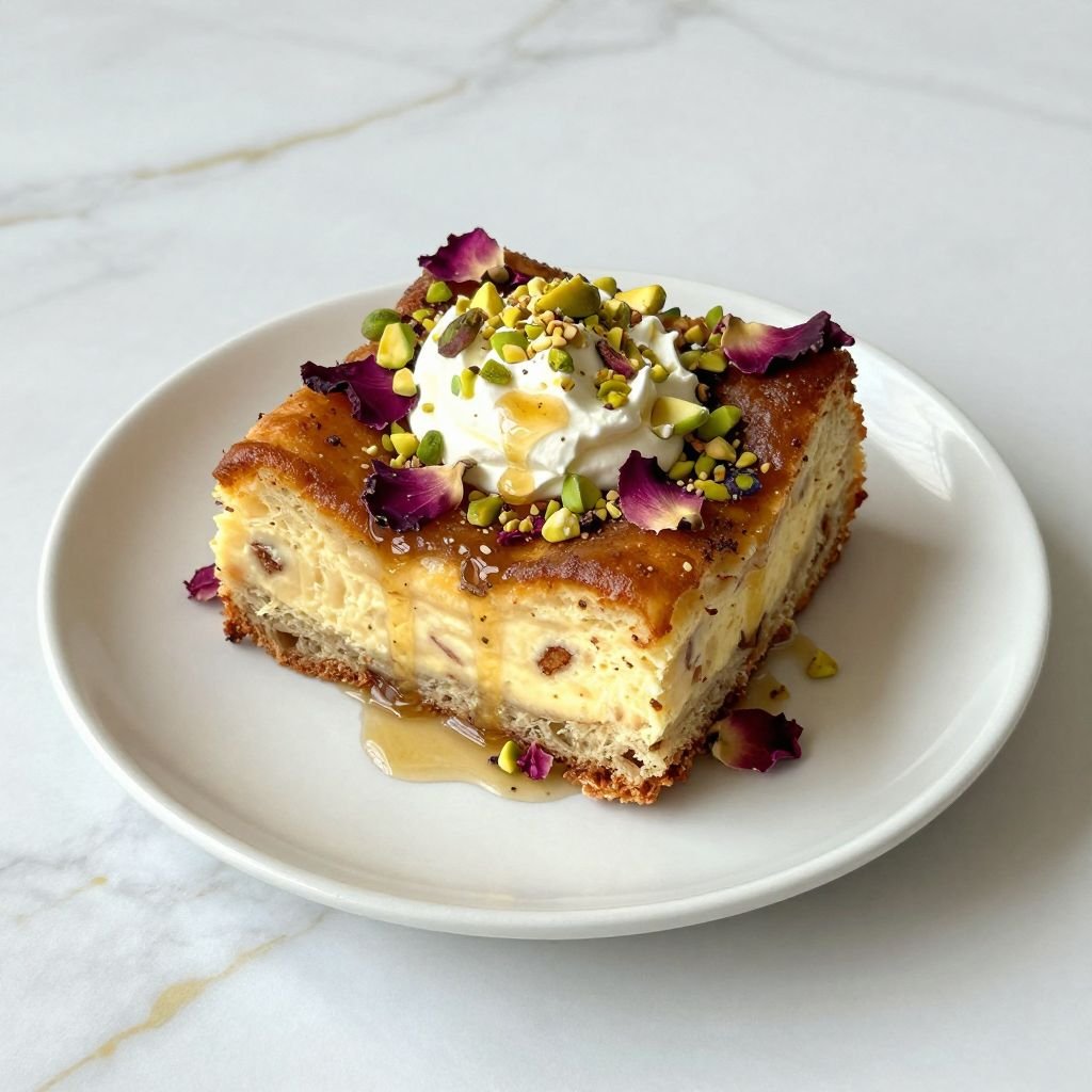 Cardamom Rose Water Bread Pudding close up
