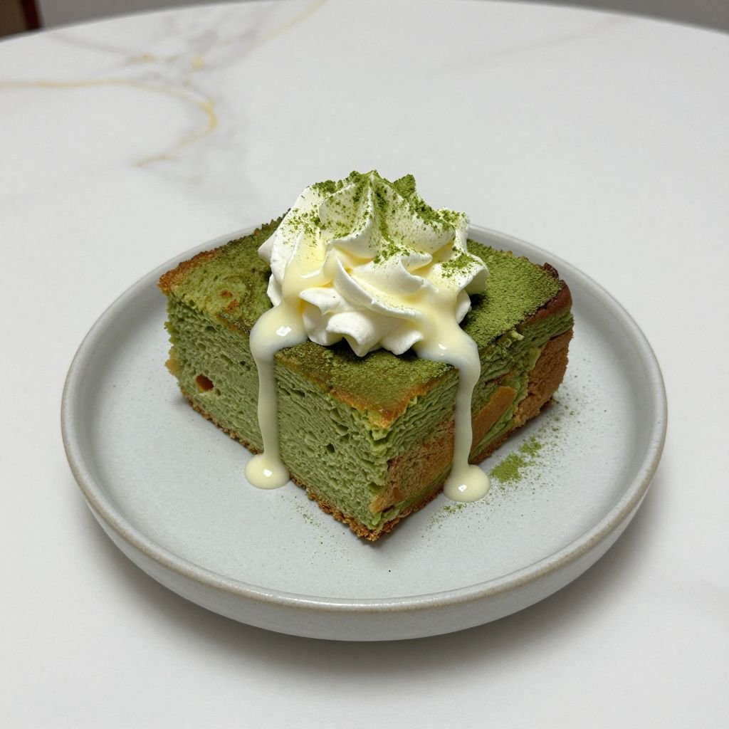 Creamy Matcha Green Tea Bread Pudding close up