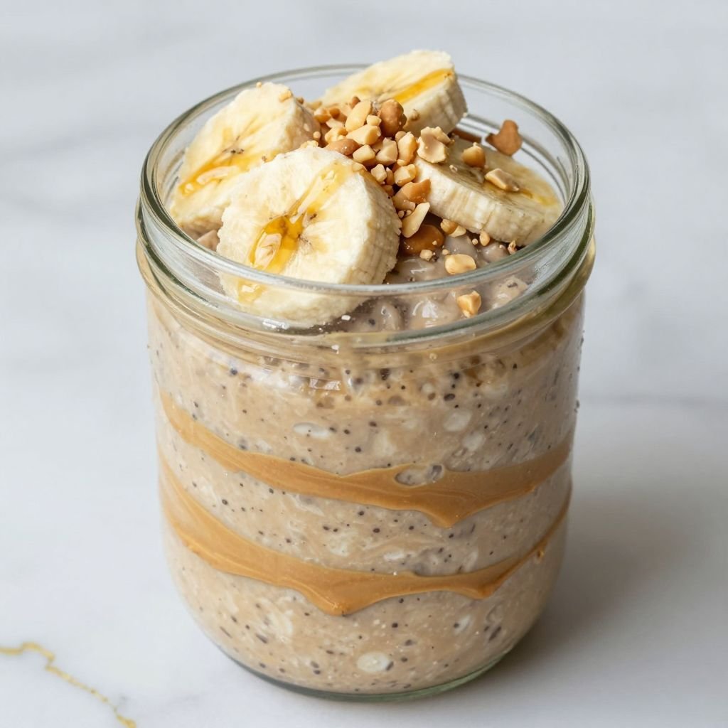 Creamy Peanut Butter Banana Overnight Oats close up