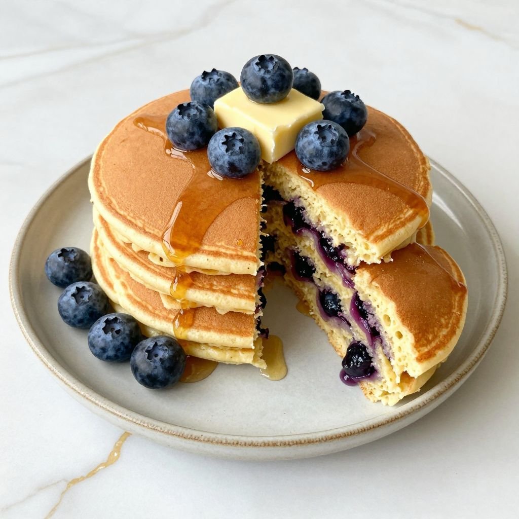 Fluffy Buttermilk Blueberry Pancakes close up