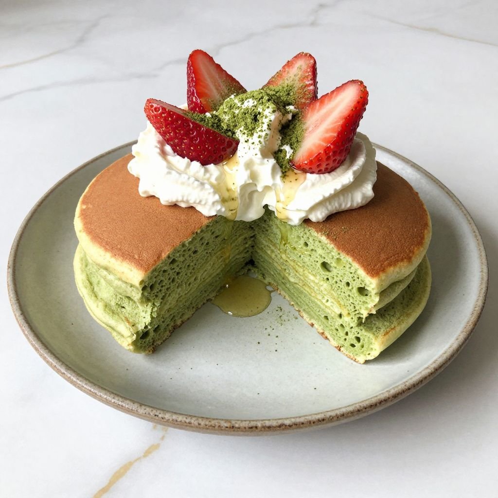 Fluffy Japanese Matcha Pancakes close up
