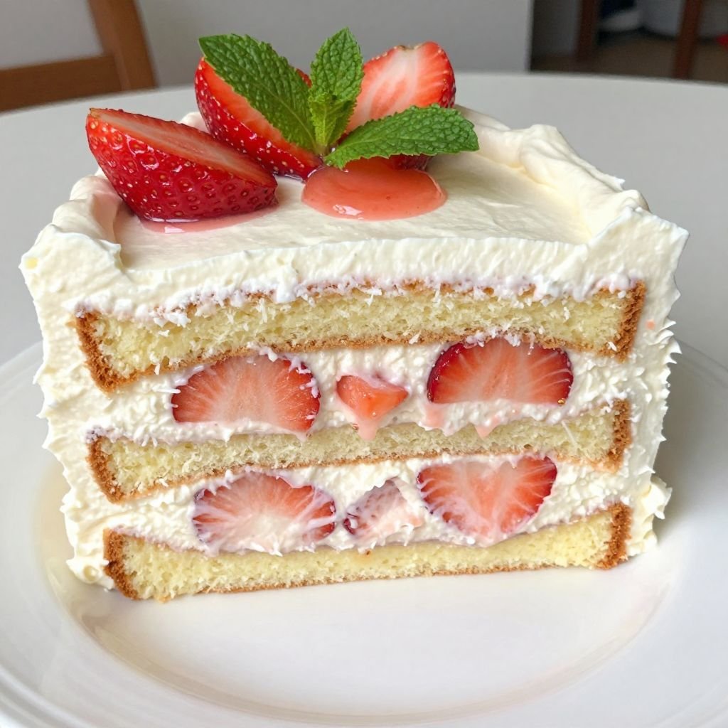 Fluffy Strawberry Cream Layer Cake close up