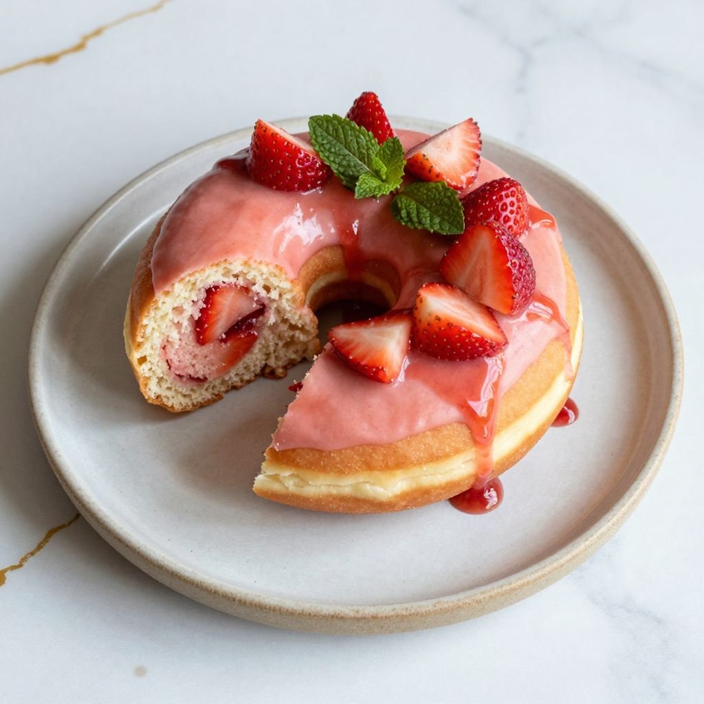 Glazed Fresh Strawberry Baked Donuts close up