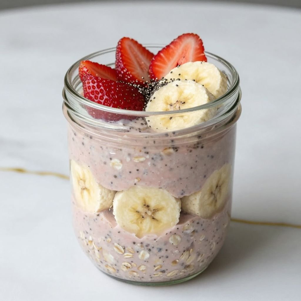 Healthy Strawberry Banana Overnight Oats close up