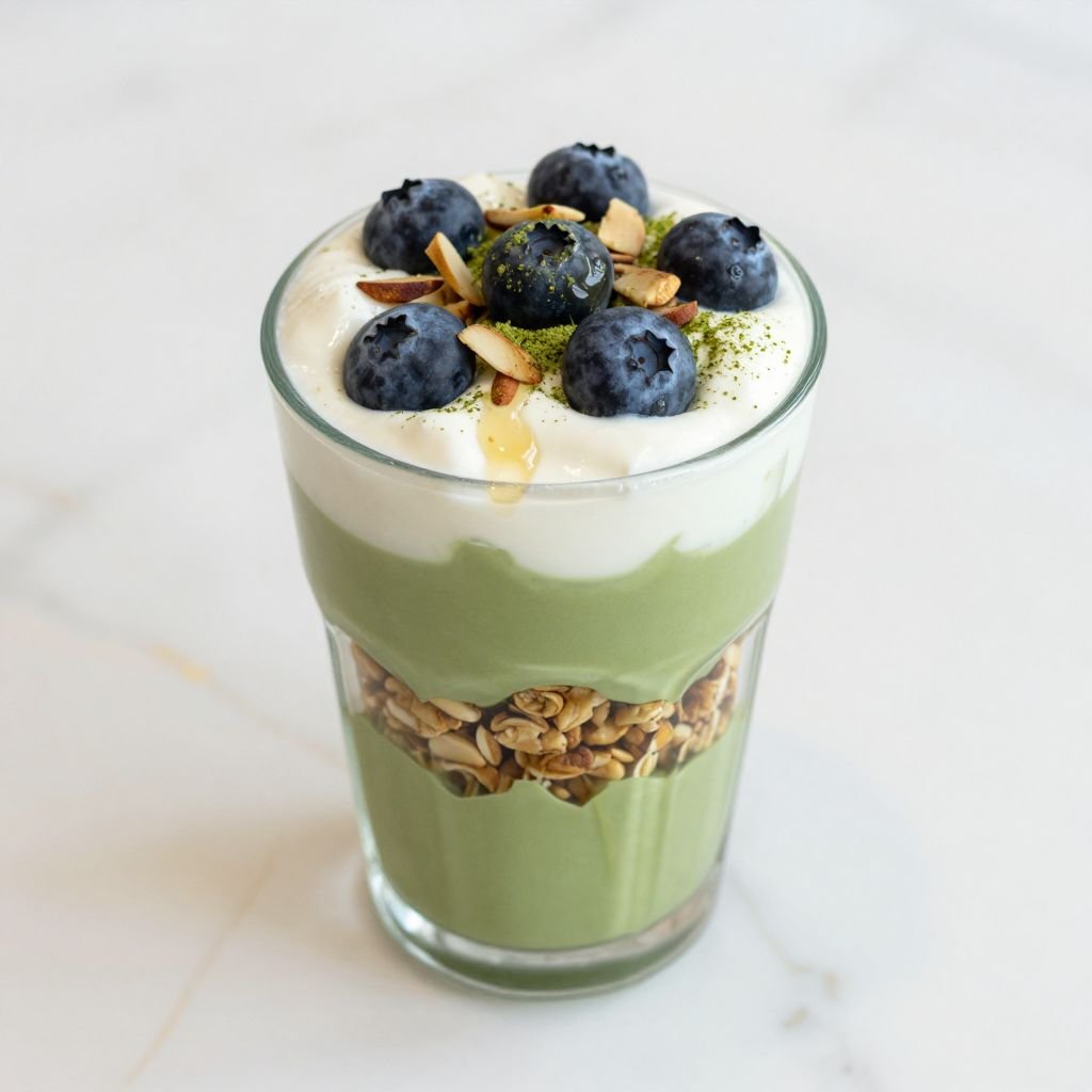 Layered Matcha Yogurt Granola Parfait close up