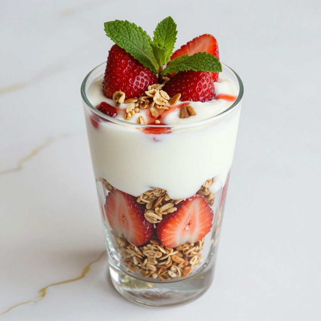 Layered Strawberry Granola Yogurt Parfait close up