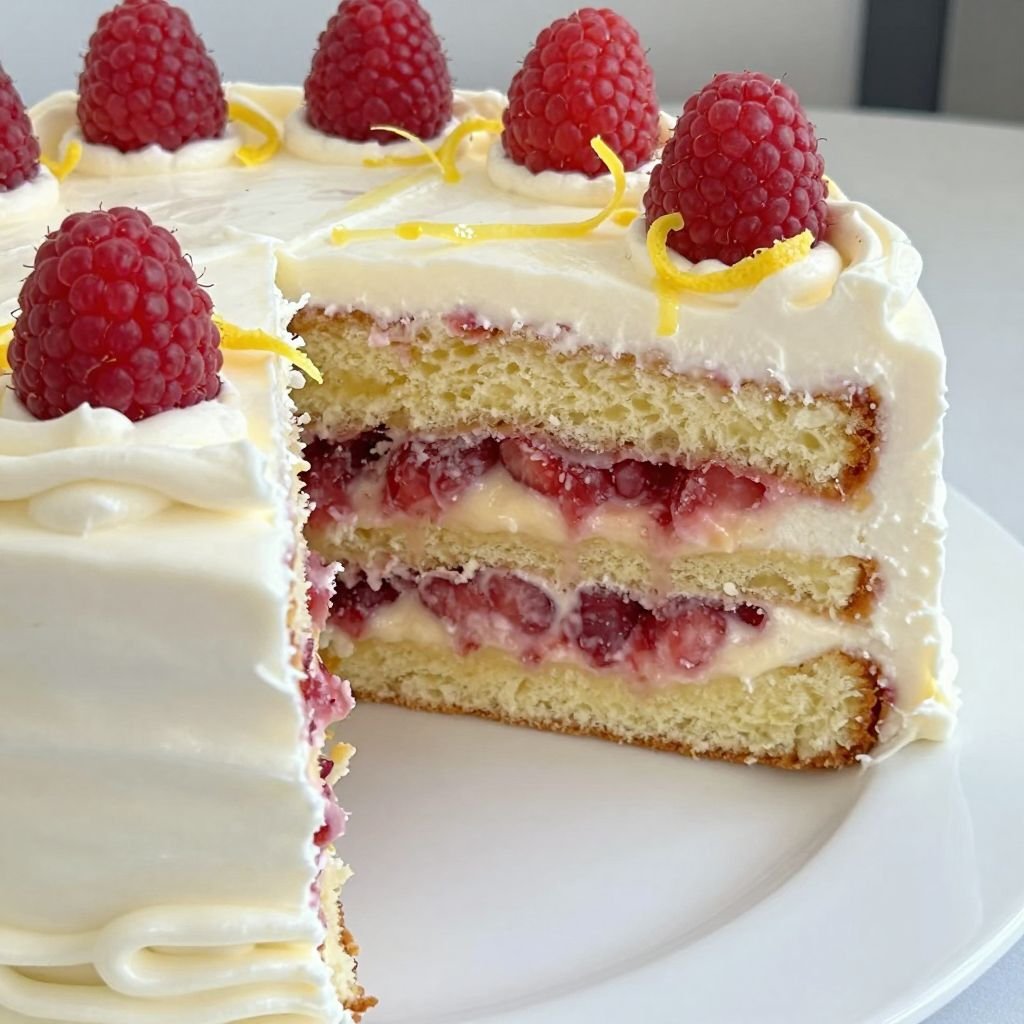 Light Lemon Raspberry Layer Cake close up