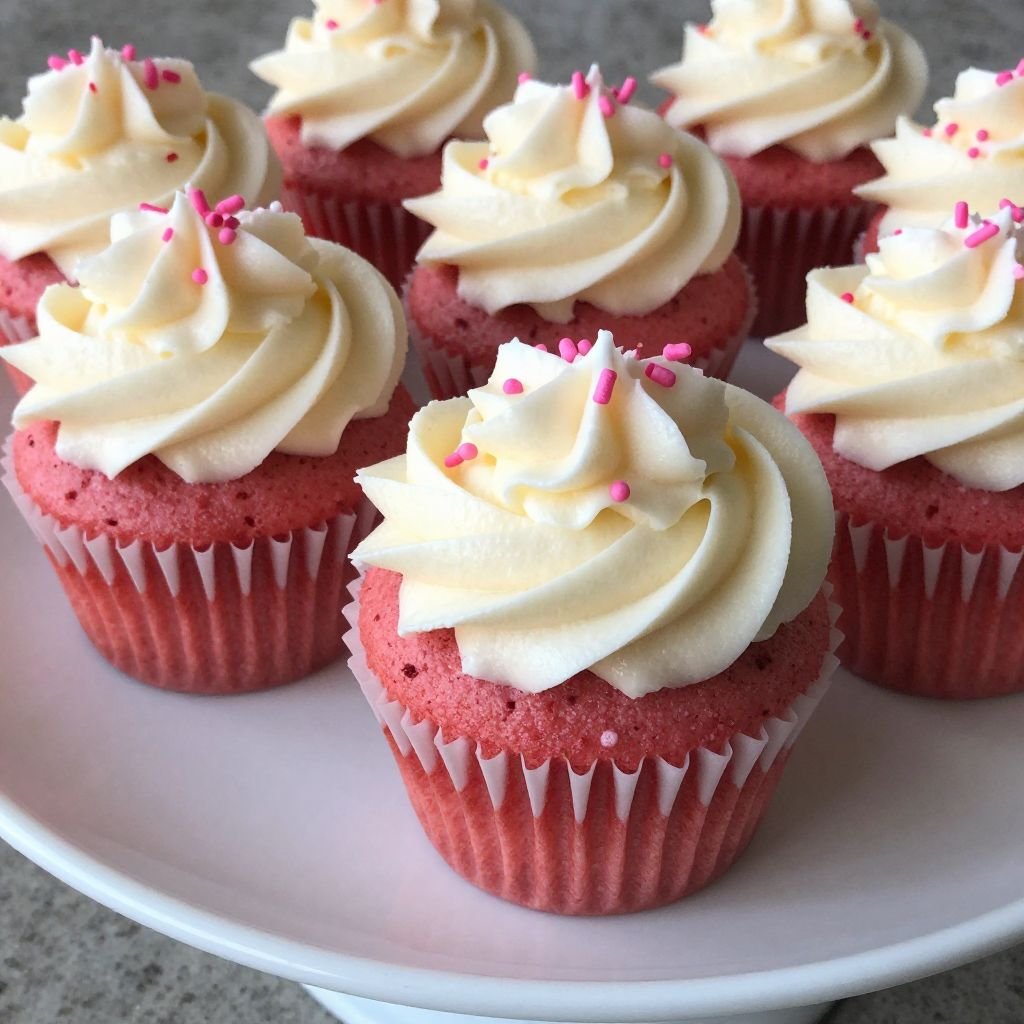Moist Pink Velvet Cream Cheese Cupcakes close up