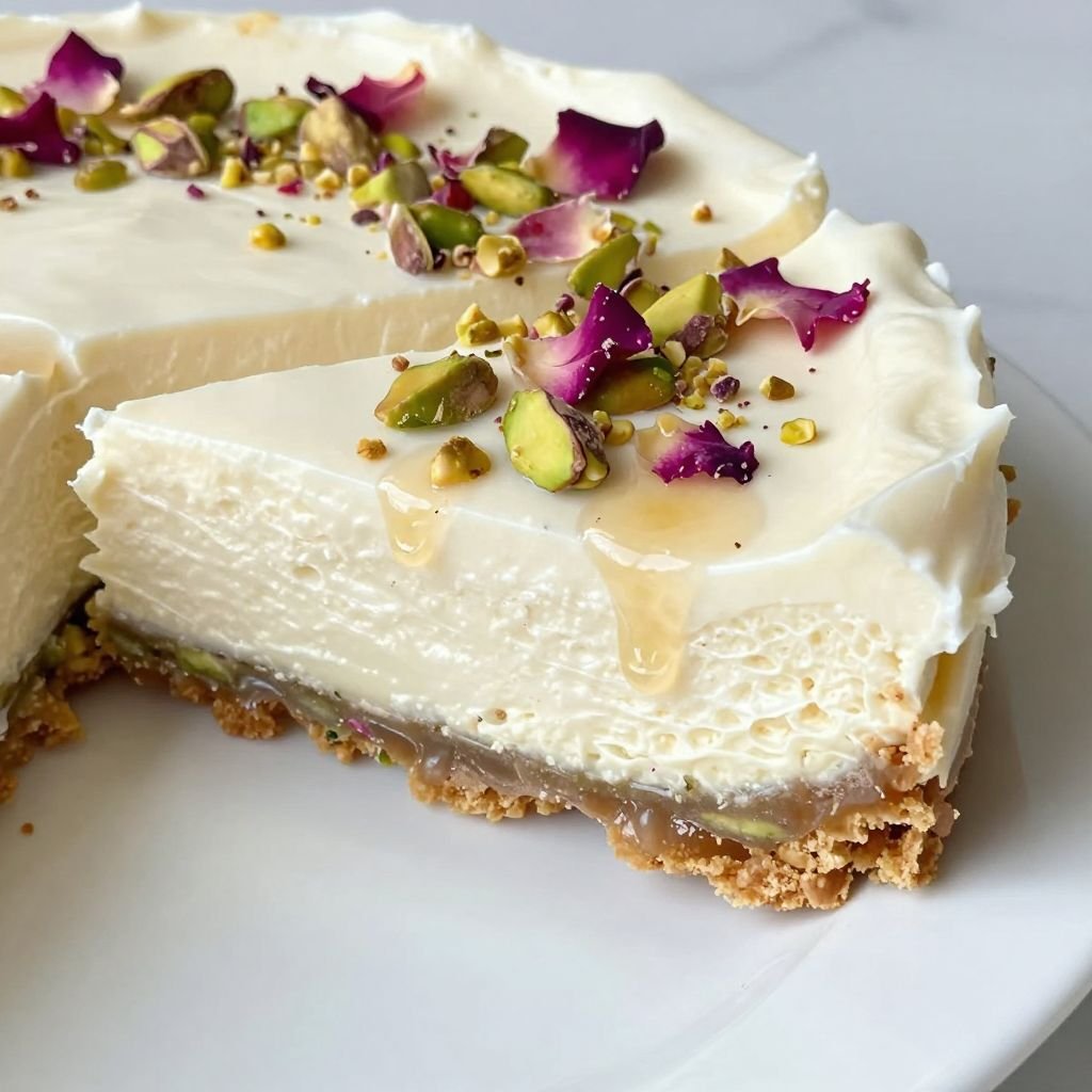 No-Bake Rose Pistachio Cheesecake close up