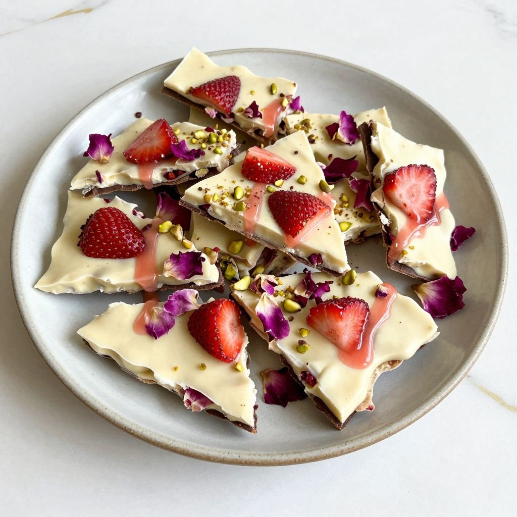 No-Bake Strawberry Rose White Chocolate Bark close up