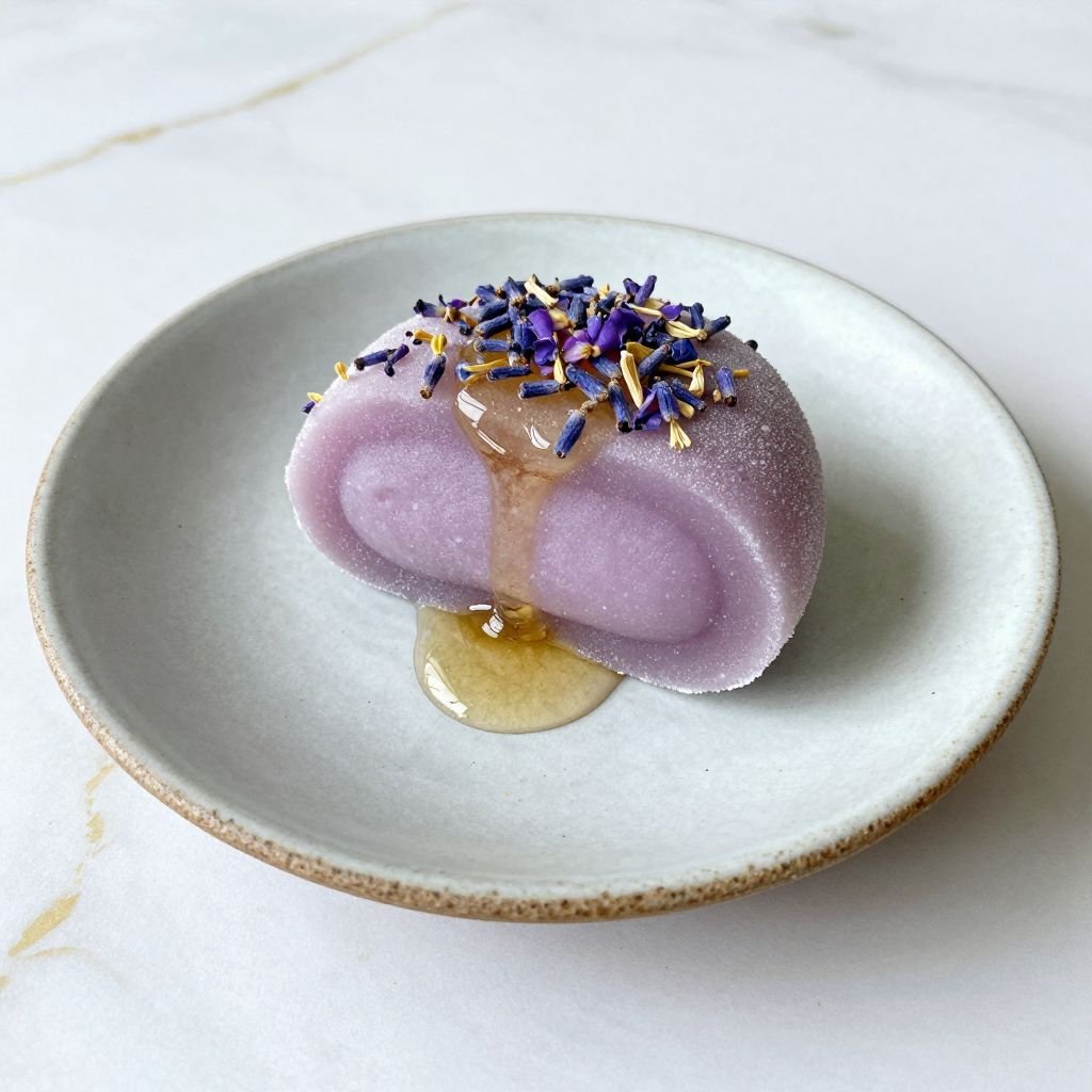 Soft Chewy Lavender Honey Mochi close up