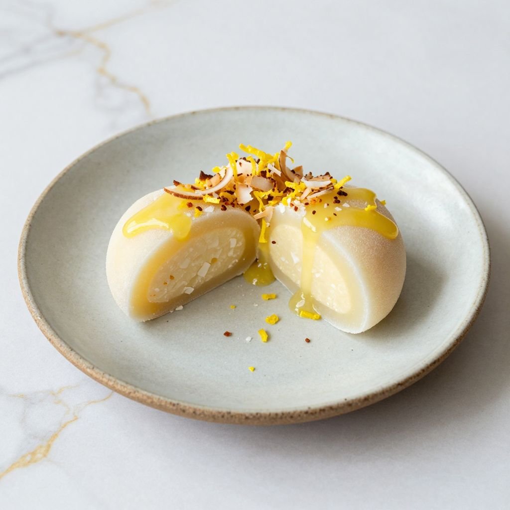 Soft Chewy Lemon Coconut Mochi close up