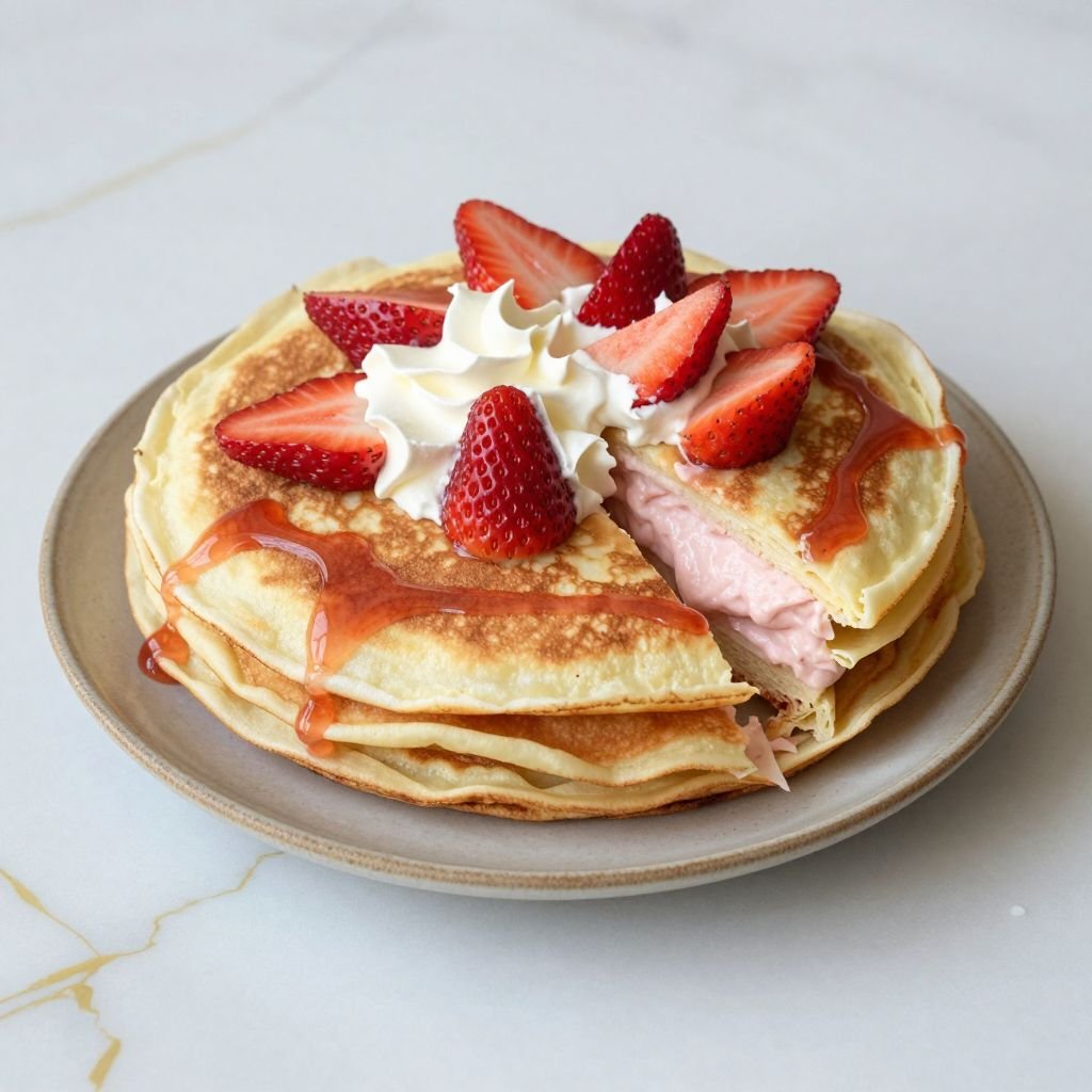 Thin French Strawberry Cream Crepes close up