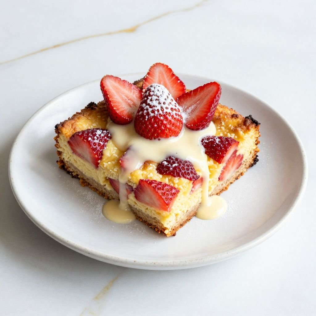 Warm Vanilla Strawberry Bread Pudding close up