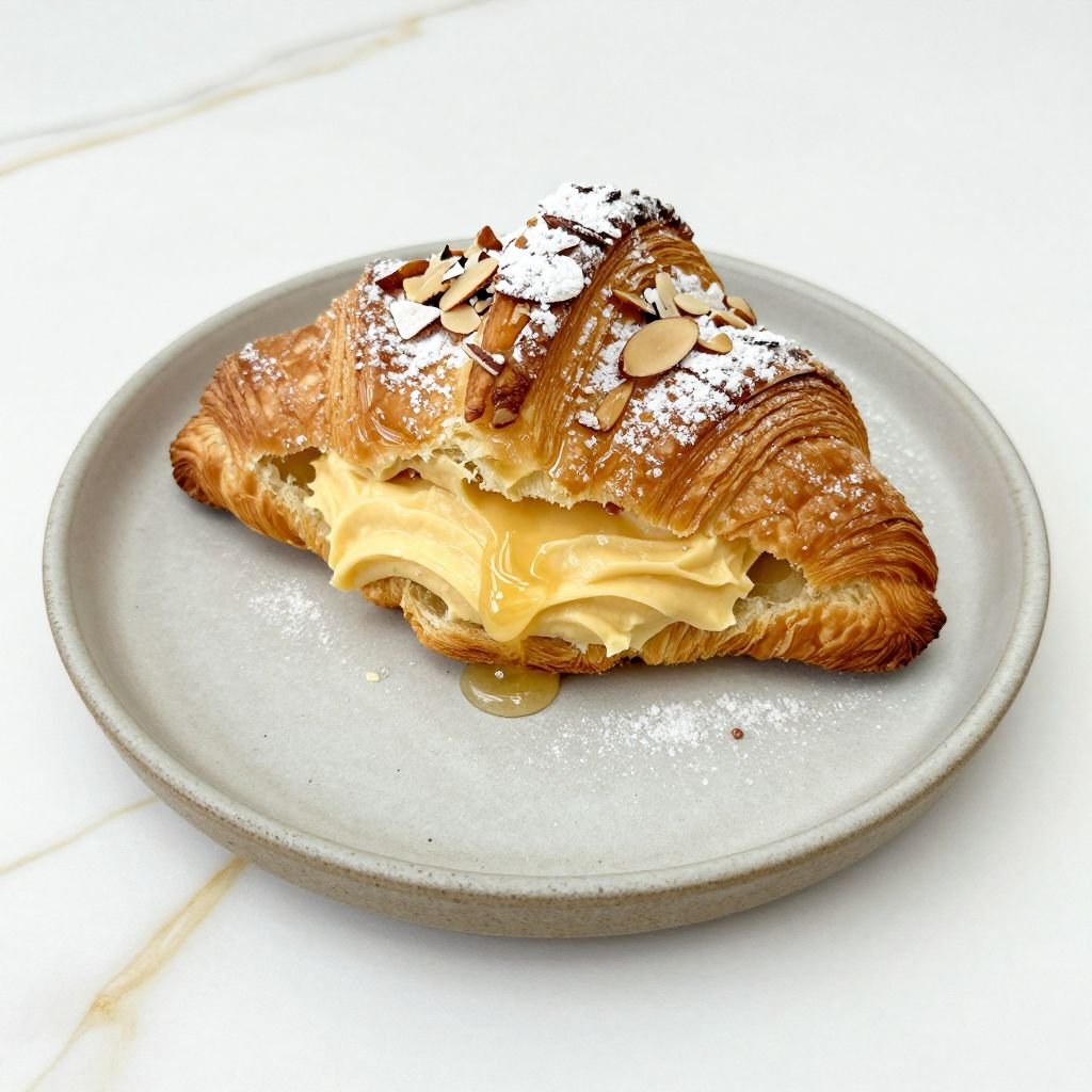 Buttery Almond Cream Filled Croissants close up