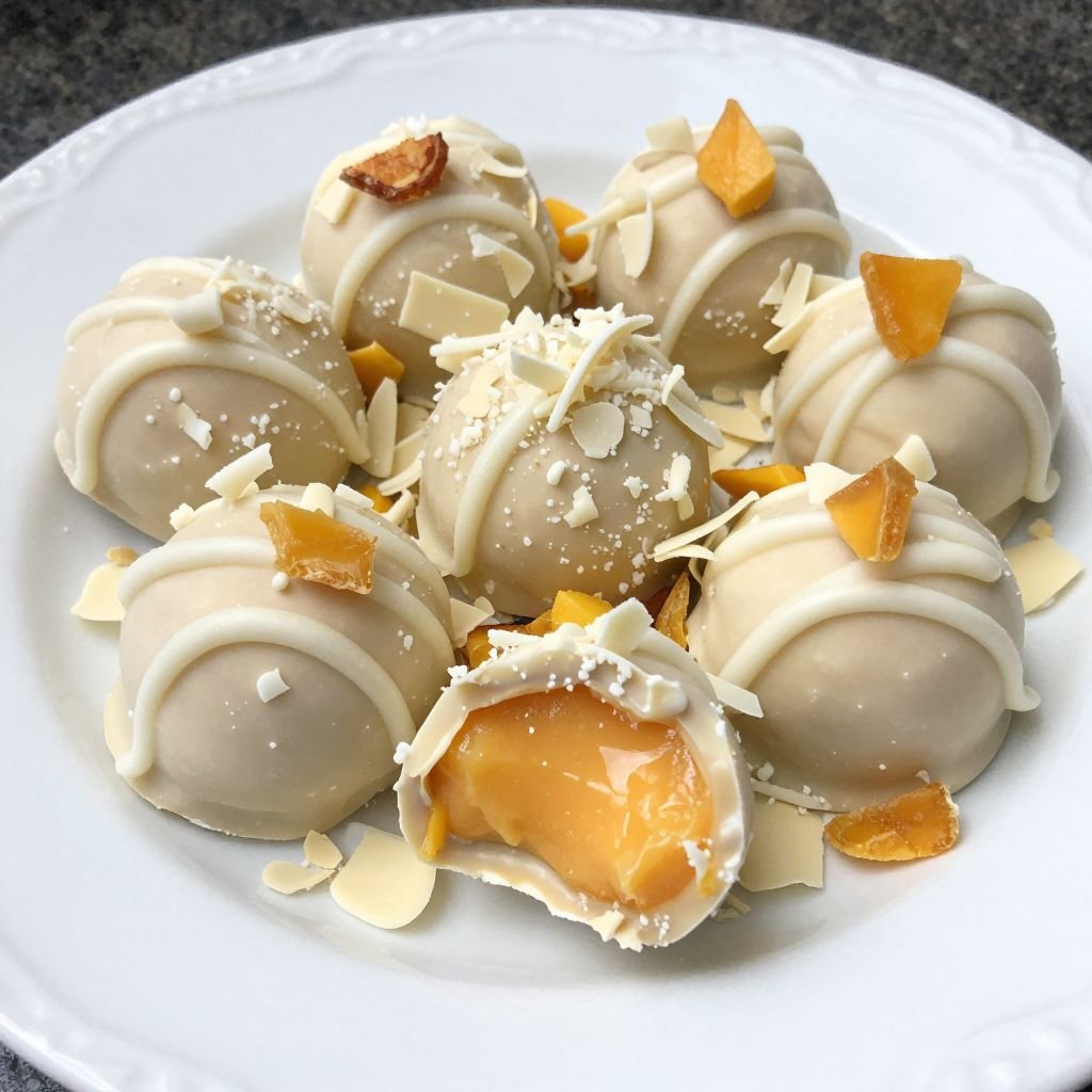 Creamy Mango White Chocolate Truffles close up