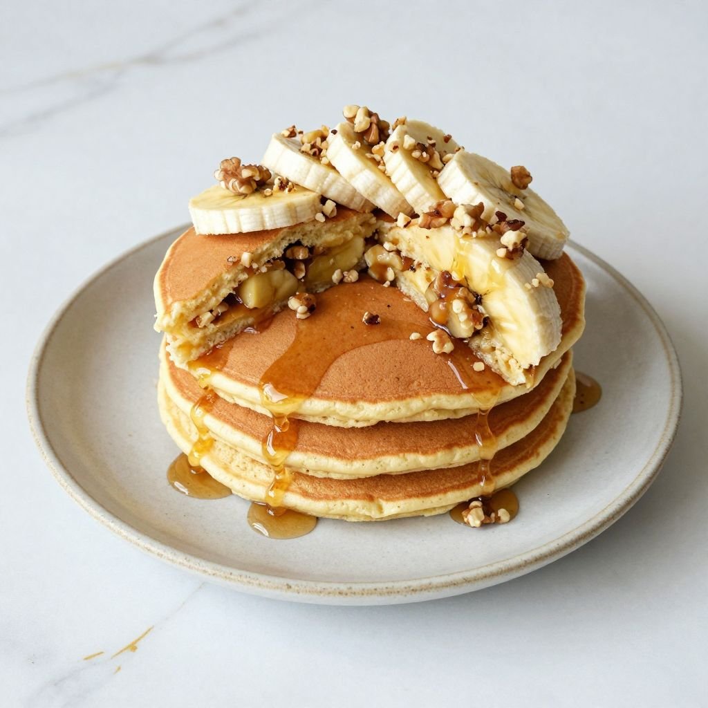Fluffy Banana Walnut Pancakes close up