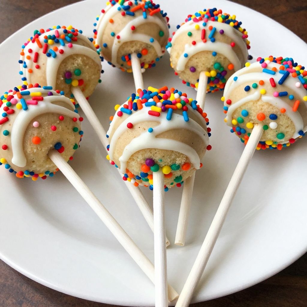 Funfetti Rainbow Vanilla Cake Pops close up