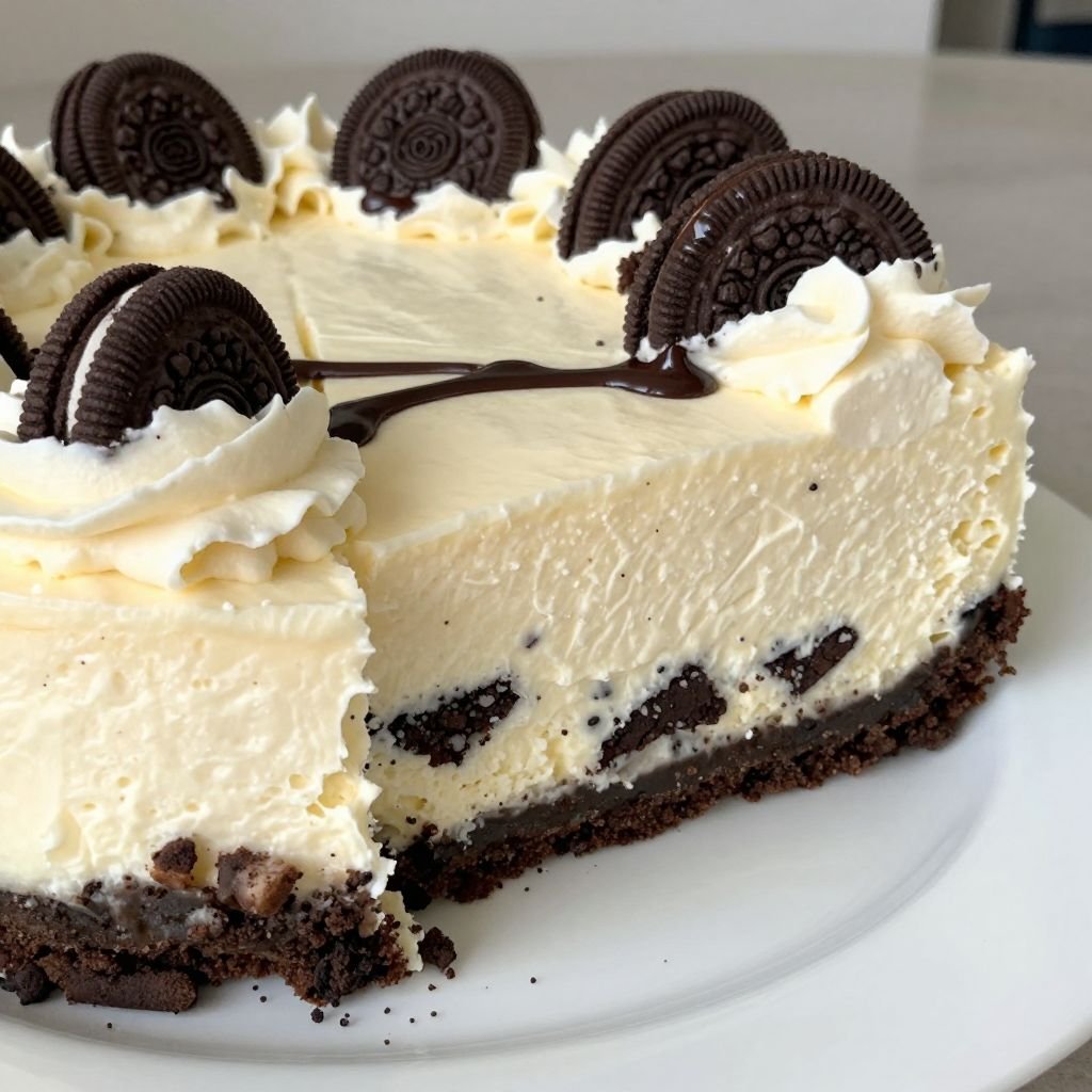 No-Bake Oreo Cookies Cream Cheesecake close up