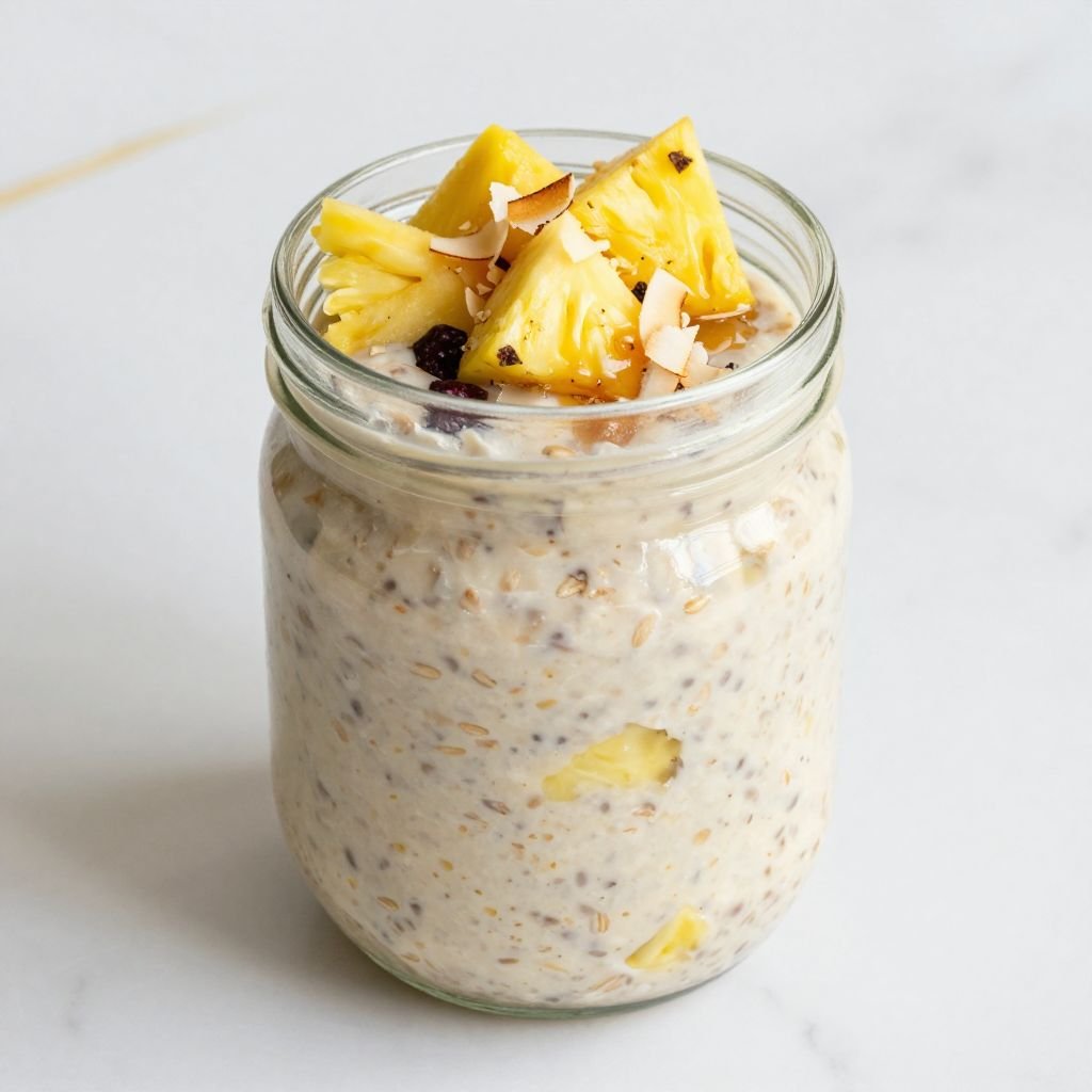 Pineapple Coconut Tropical Overnight Oats close up