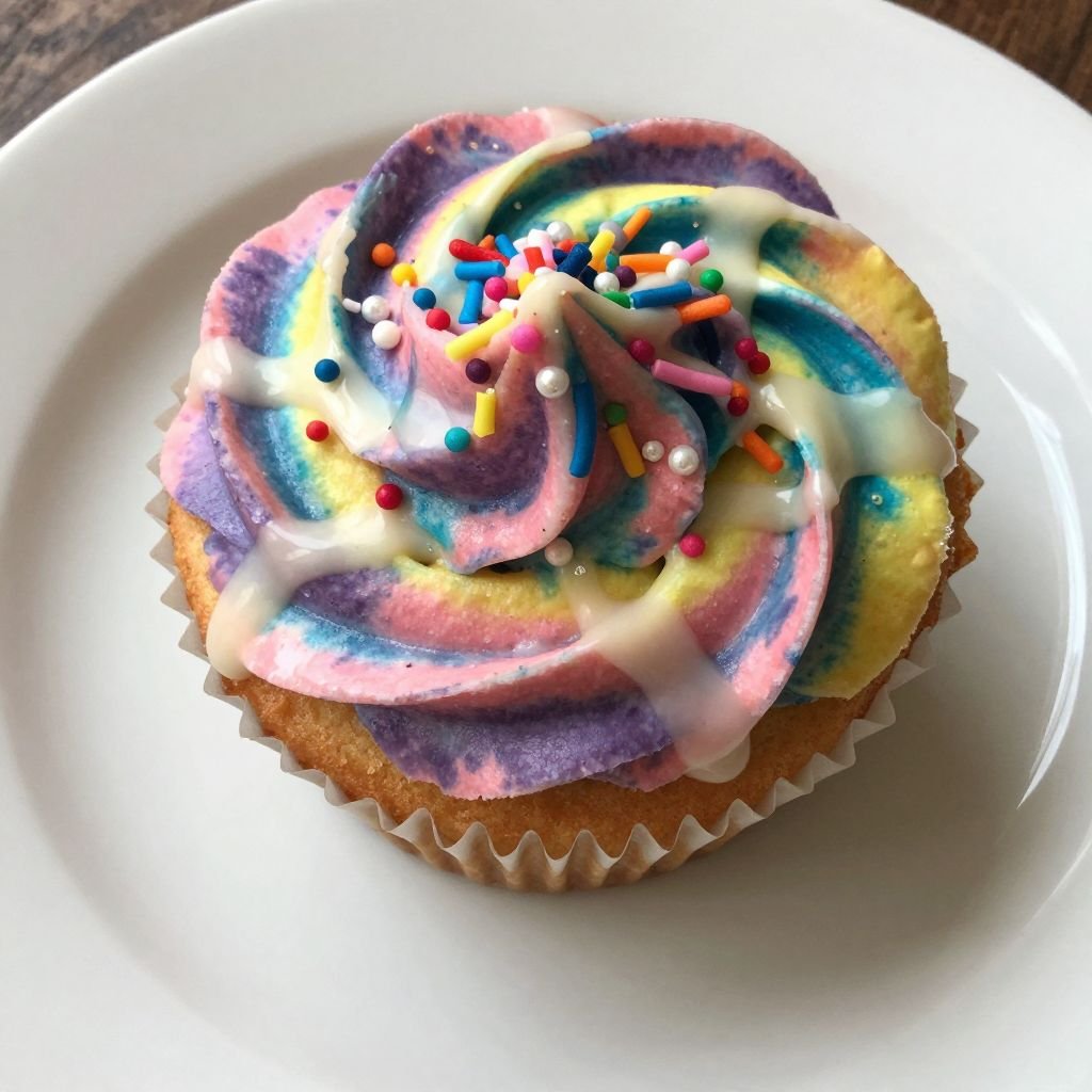 Swirled Rainbow Tie Dye Cupcakes close up