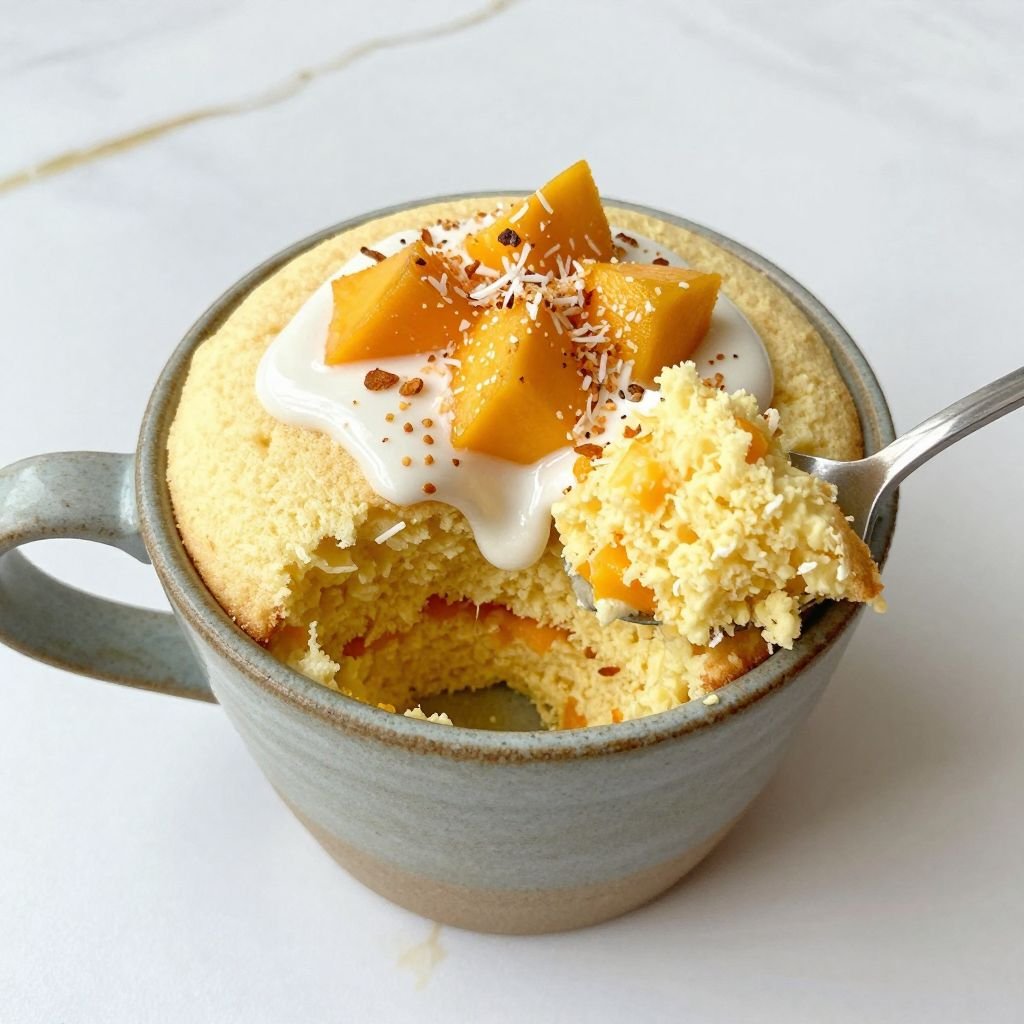 Tropical Mango Coconut Mug Cake close up