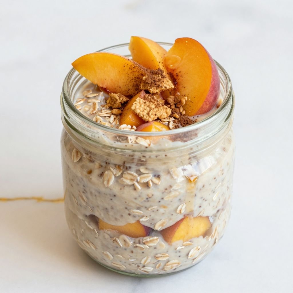 Cinnamon Peach Cobbler Overnight Oats close up