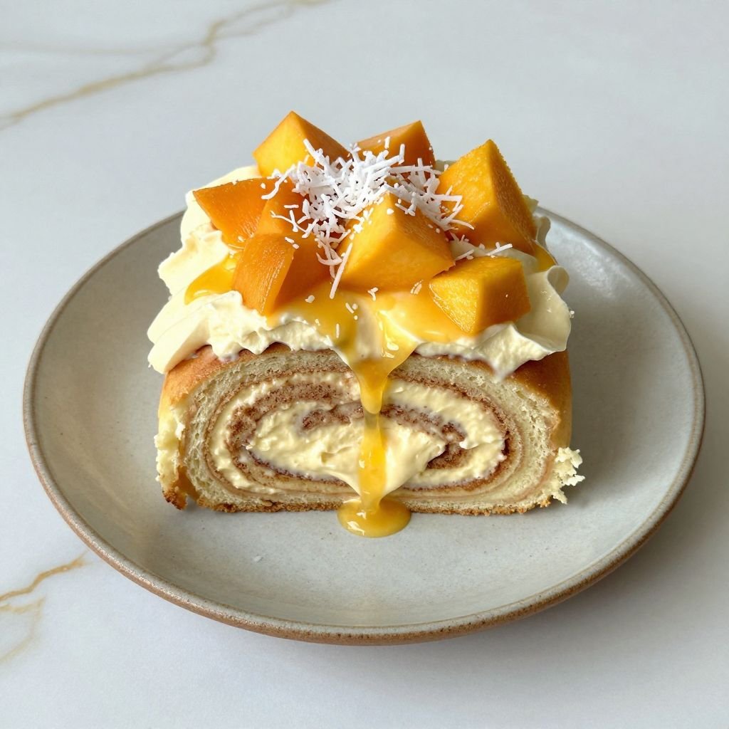 Tropical Mango Cream Cheese Cinnamon Rolls close up
